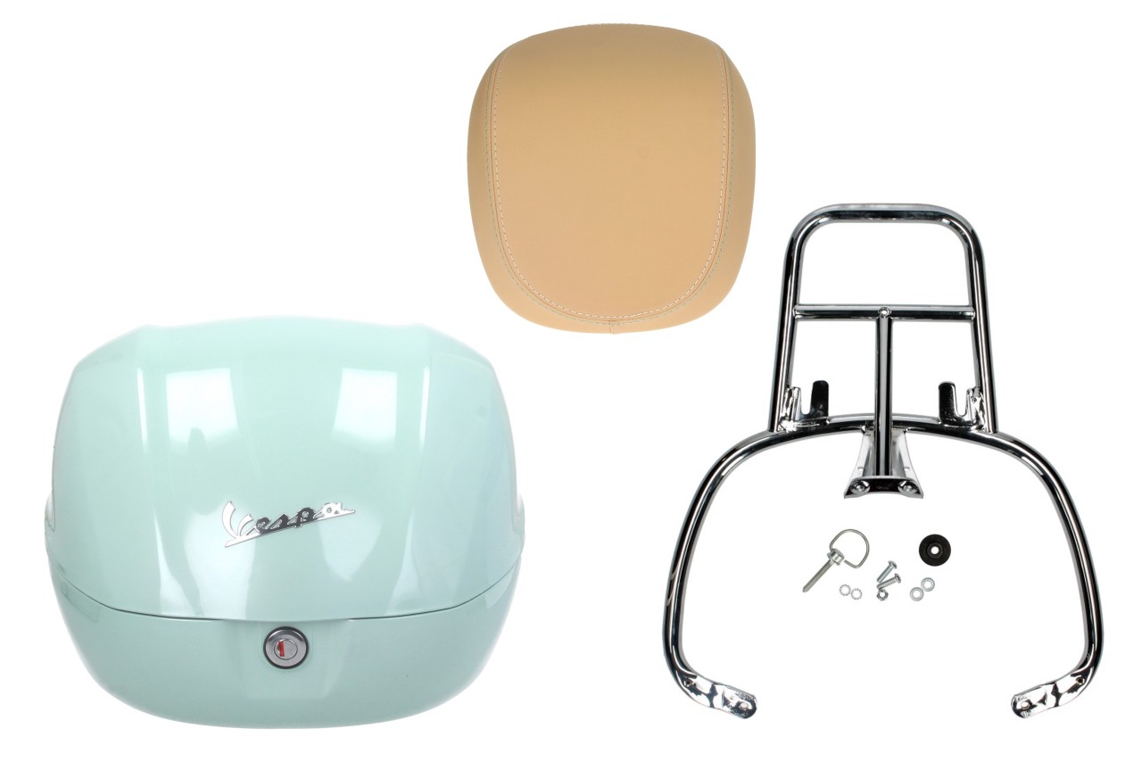 Topcase Kit 32L latte menta (350/A), Rückenpolster beige, Gepäckträger chrom für Primavera