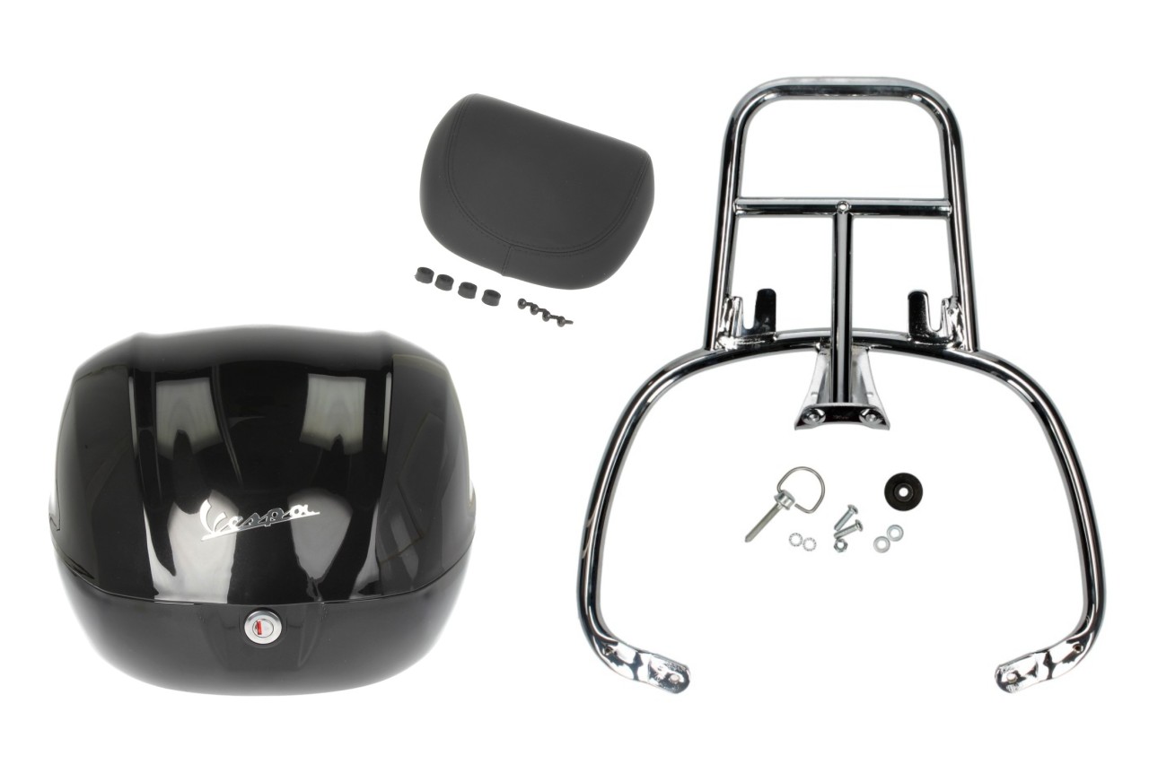 Topcase Kit 32L nero cosmo (98/A), Rückenpolster schwarz, Gepäckträger chrom für Vespa Primavera