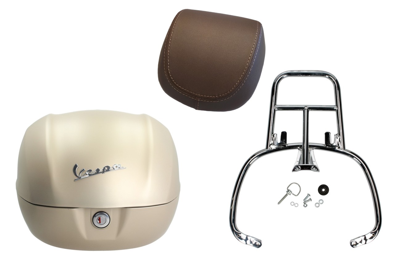Topcase Kit 32L beige unico matt opaco (516/A), Rückenpolster braun, Gepäckträger chrom für Primavera