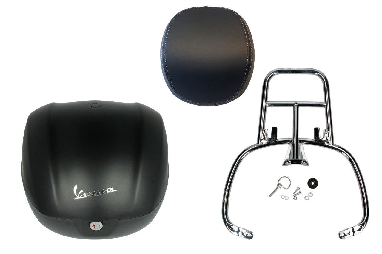 Topcase Kit 32L schwarz matt opaco (99/C), Rückenpolster schwarz, Gepäckträger chrom für Primavera