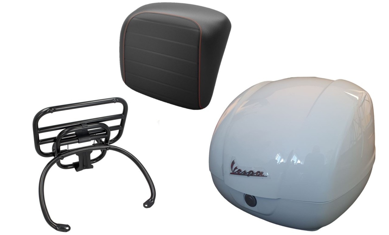 Topcase Kit 36L weiß, Gepäckträger schwarz, Rückenpolster schwarz mit orangener Naht für Vespa GTS
