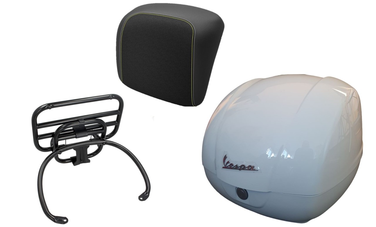 Topcase Kit 36L weiß, Gepäckträger schwarz, Rückenpolster schwarz mit gelber Naht für Vespa GTS