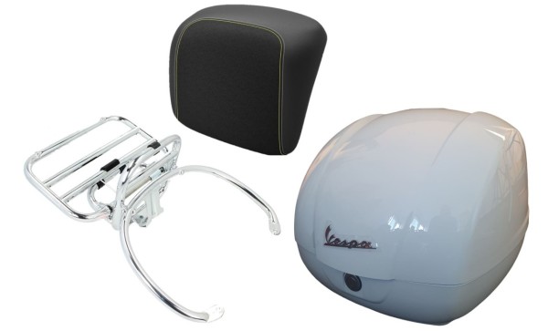 Topcase Kit 36L weiß (B04), Gepäckträger chrom, Rückenpolster schwarz mit gelber Naht für Vespa GTS
