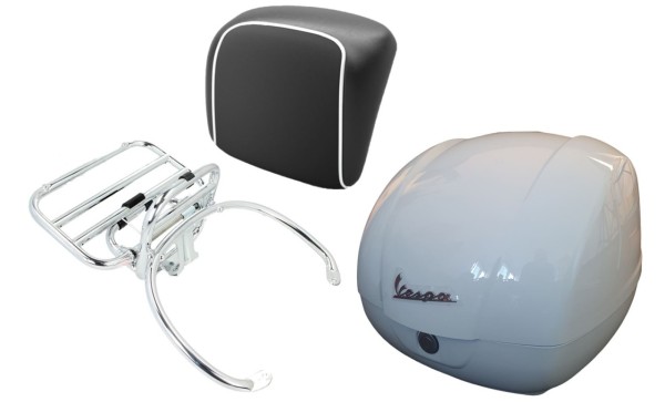 Topcase Kit 36L weiß (B04), Gepäckträger chrom Rückenpolster schwarz, Keder weiß für Vespa GTS