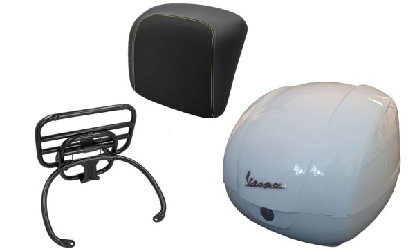 Topcase Kit 36L weiß, Gepäckträger schwarz, Rückenpolster schwarz mit gelber Naht für Vespa GTS